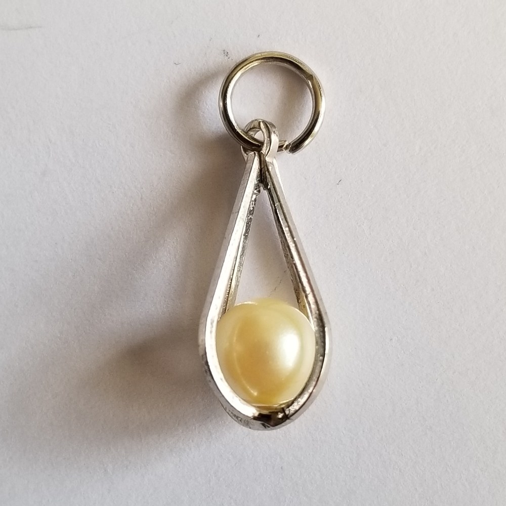 Dainty caged pearl pendant charm silver tone